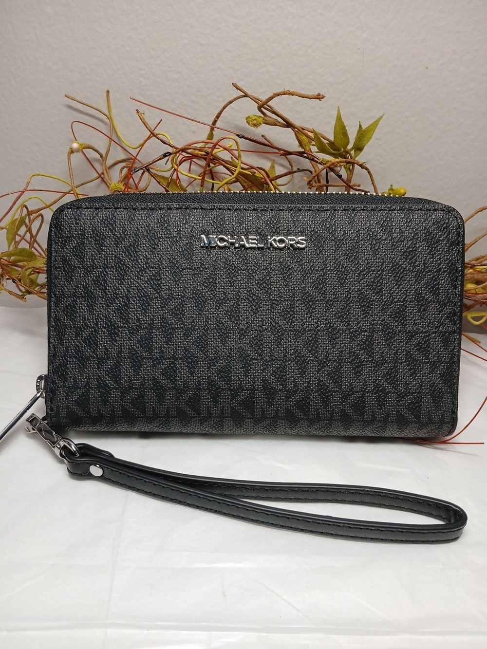 Michael Kors Black Textured MK Logo Zip Wallet with Silver Hardware